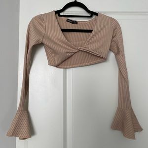 Boohoo Bell Sleeve Beige Twist Crop Top